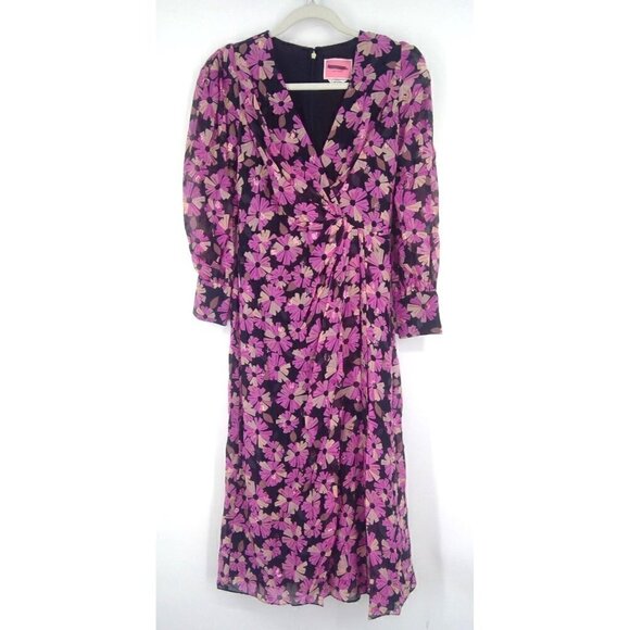 NWT Kate Spade Floral Chiffon Midi Dress Pink Black 4 - Picture 4 of 9